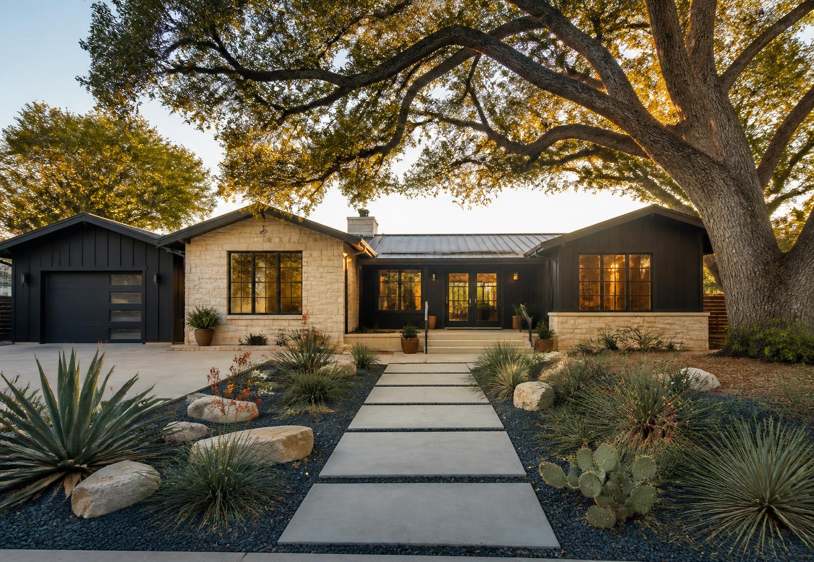 Renovated modern home exterior in Austin, Texas at golden hour